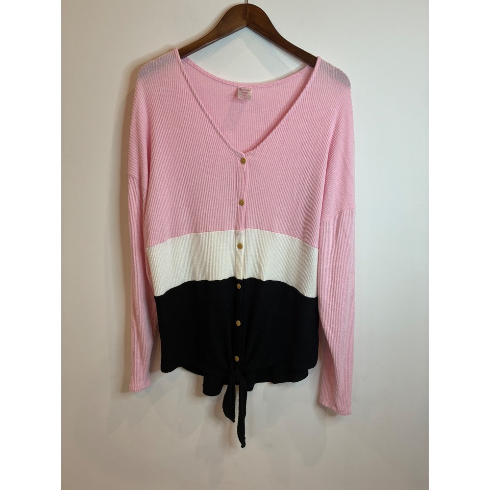 No Boundaries Pink Colorblock Waffle Knit Tie Front Button Top XXL 19